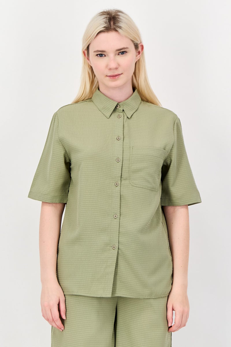 ANNE KLEIN Women 2 Pieces Pointed Collar Short Sleeve Textured Shirt And Palazzo Pants Set, Green - Image 3